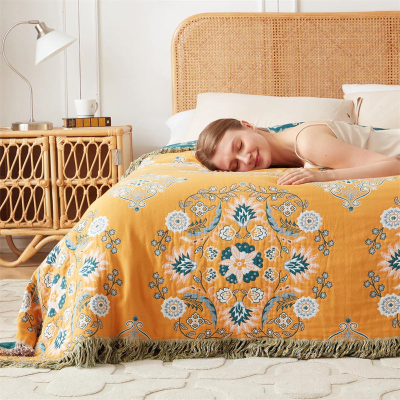 Bohemian katoenen plaid - Omkeerbare bloemen met franjes