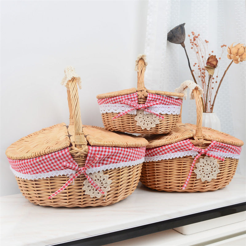 Rieten Picknickmand met Deksel, Handvat en Uitneembare Voering