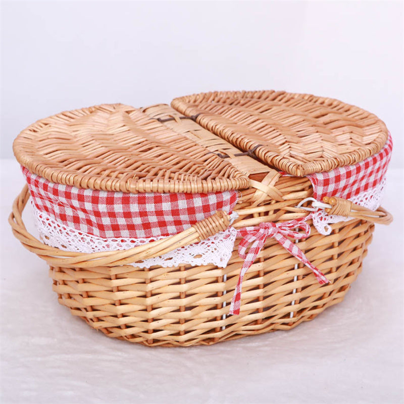 Rieten Picknickmand met Deksel, Handvat en Uitneembare Voering