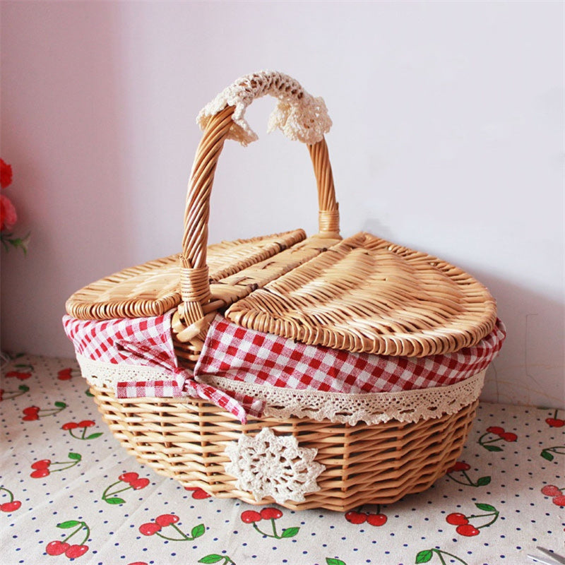 Rieten Picknickmand met Deksel, Handvat en Uitneembare Voering