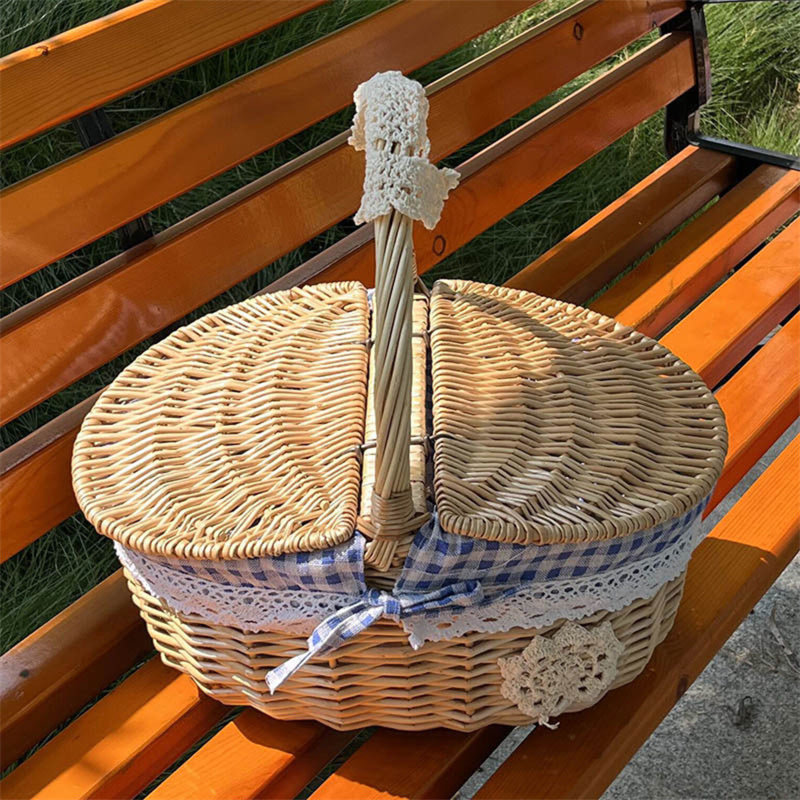 Rieten Picknickmand met Deksel, Handvat en Uitneembare Voering