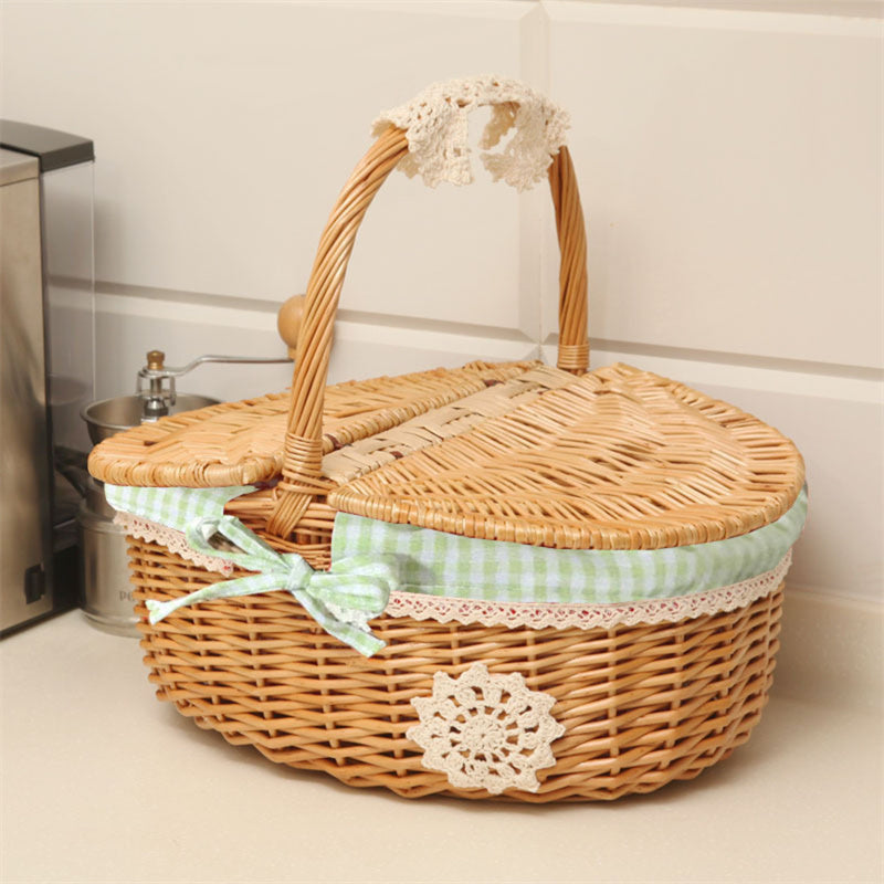 Rieten Picknickmand met Deksel, Handvat en Uitneembare Voering