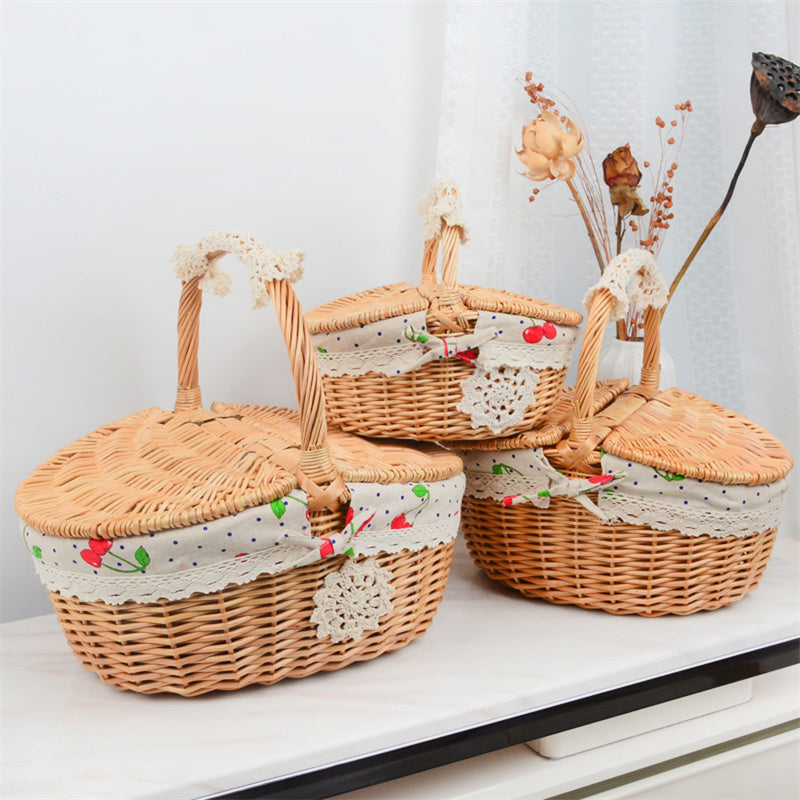 Rieten Picknickmand met Deksel, Handvat en Uitneembare Voering