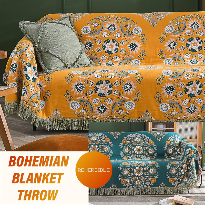 Bohemian katoenen plaid - Omkeerbare bloemen met franjes