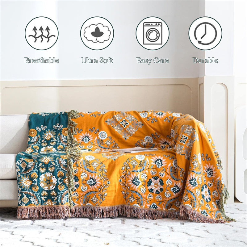 Bohemian katoenen plaid - Omkeerbare bloemen met franjes