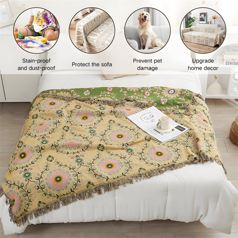 Omkeerbare katoenen deken - Boho bloemen met kwastjes