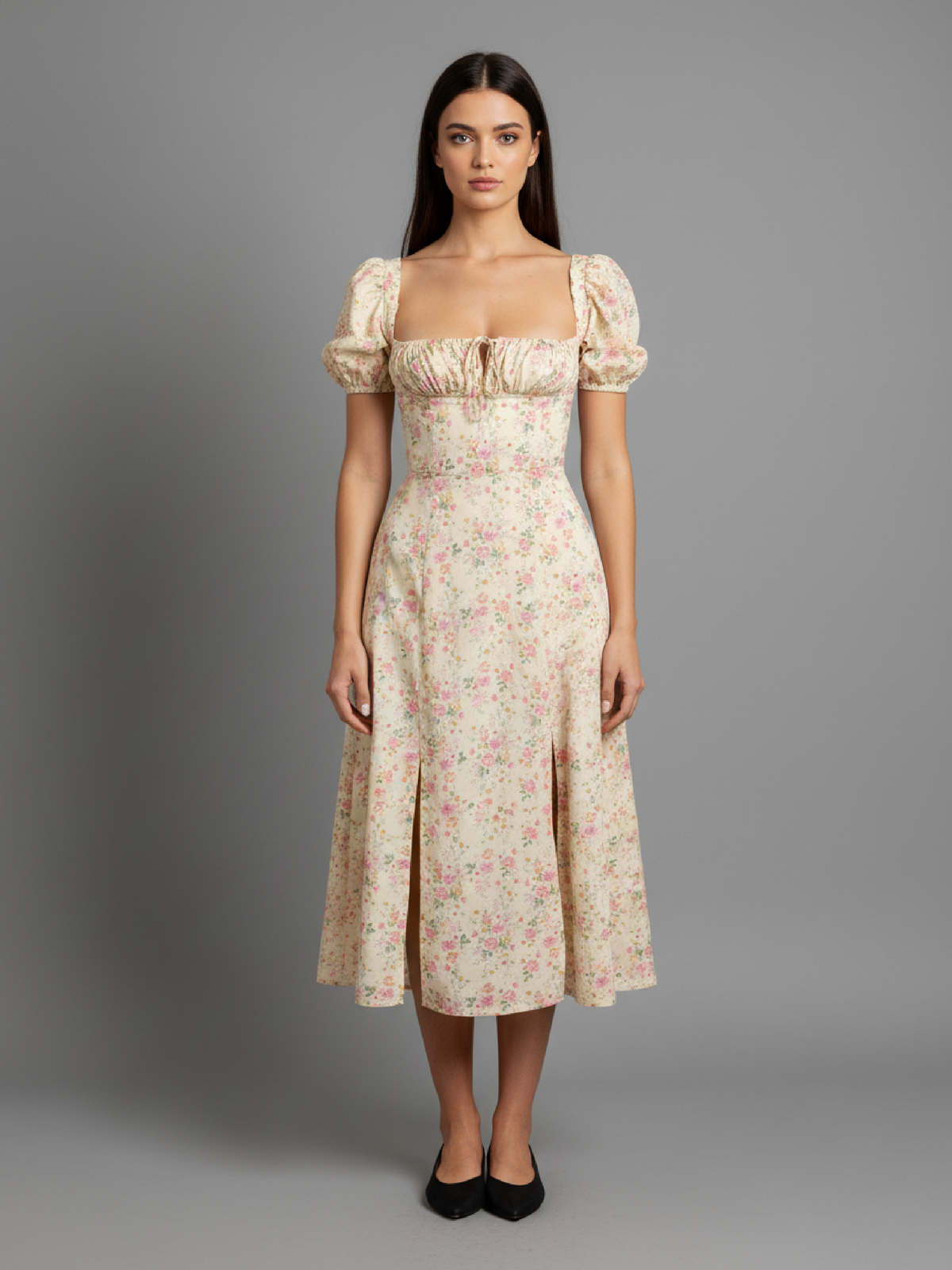 Zomerse midi-jurk met pofmouwen