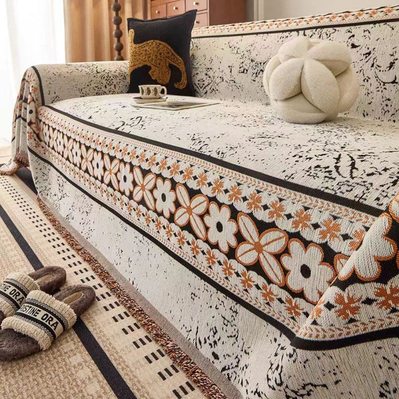 Chenille bankplaid - Bloemenjacquard met kwastjes