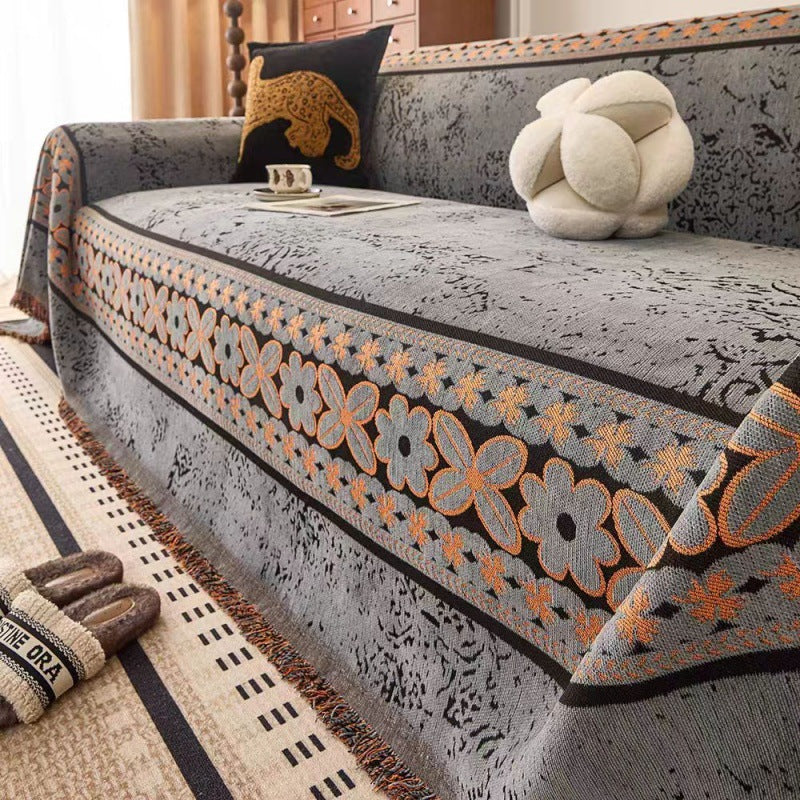 Chenille bankplaid - Bloemenjacquard met kwastjes