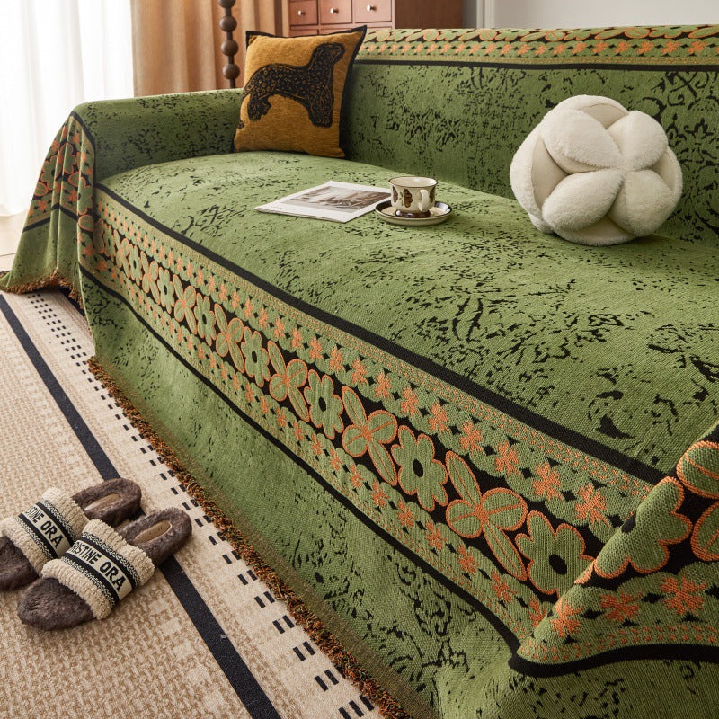 Chenille bankplaid - Bloemenjacquard met kwastjes