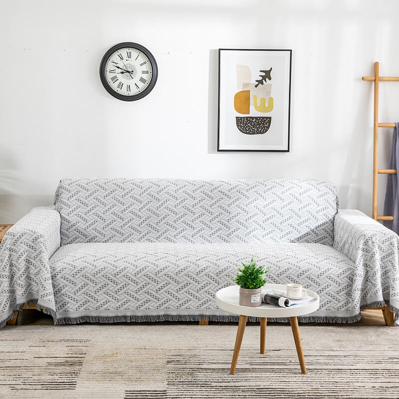 Geometrische bankplaid - Omkeerbare katoenmix met franjes