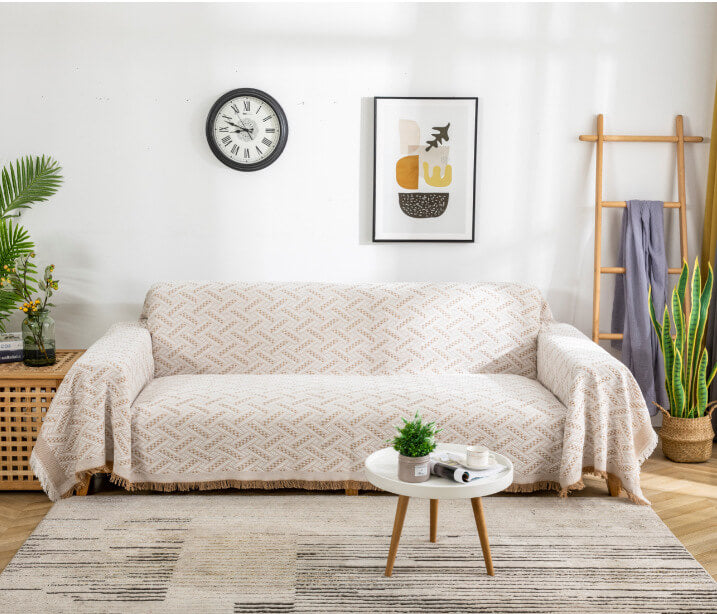 Geometrische bankplaid - Omkeerbare katoenmix met franjes
