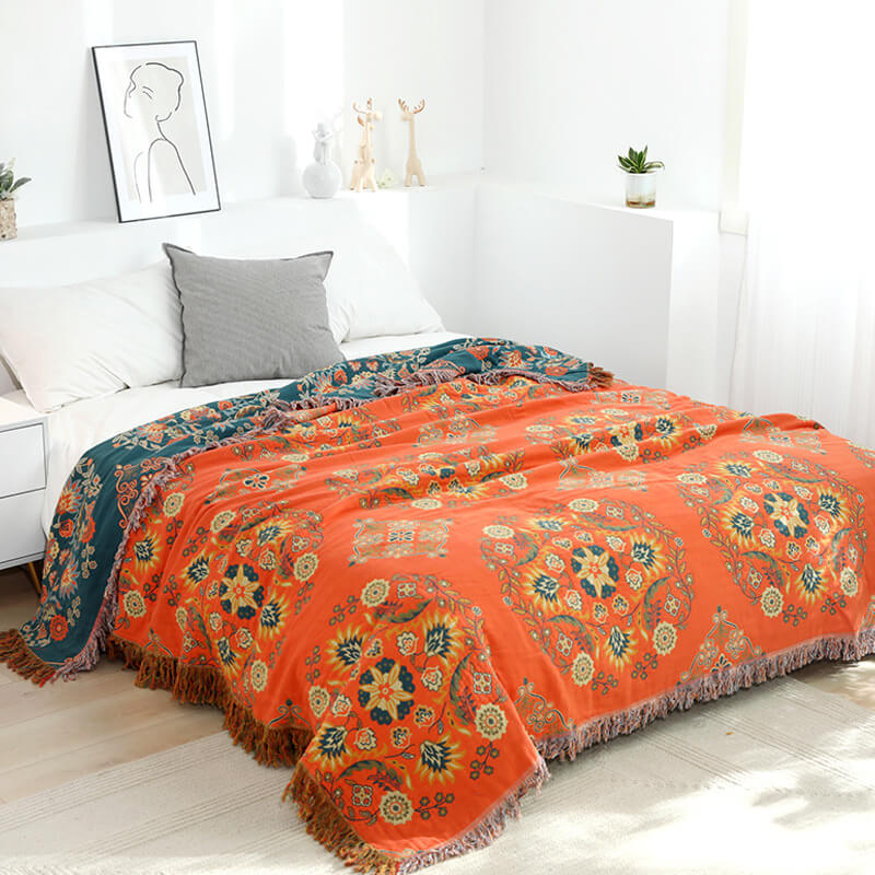 Bohemian katoenen plaid - Omkeerbare bloemen met franjes