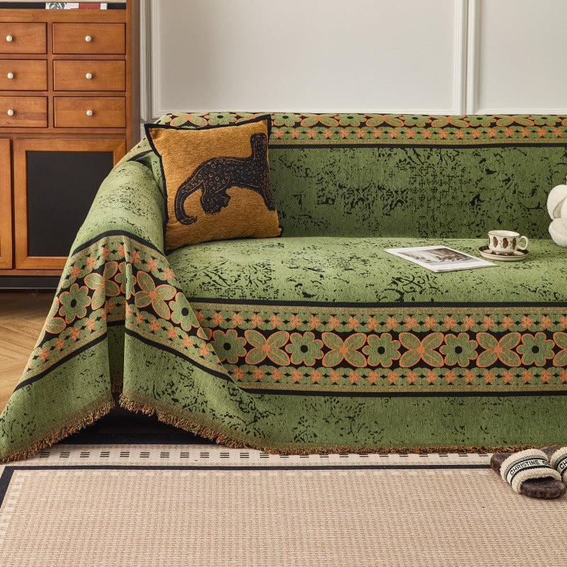 Chenille bankplaid - Bloemenjacquard met kwastjes