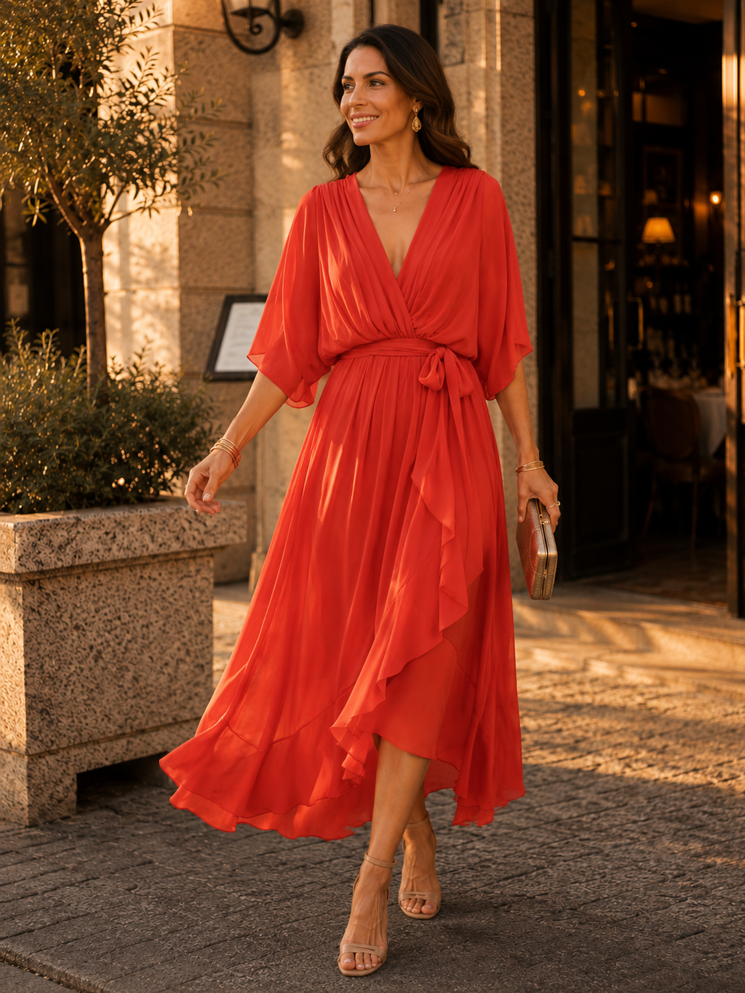 Elegante maxi-jurk met overslaghals en tailleband