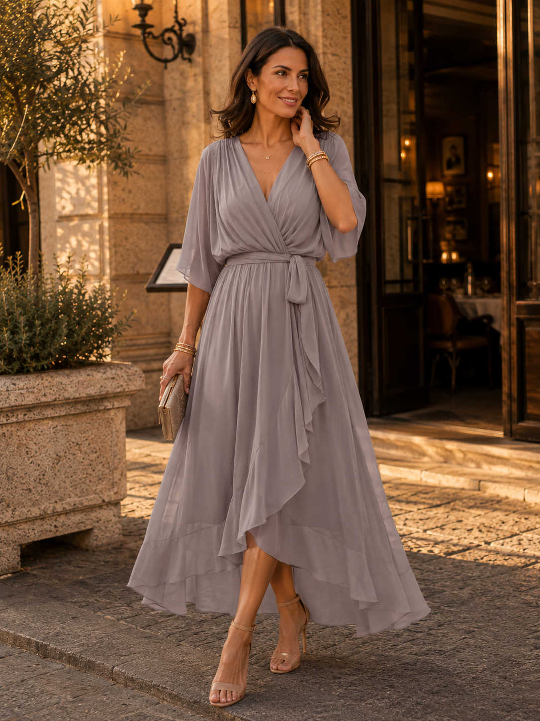 Elegante maxi-jurk met overslaghals en tailleband