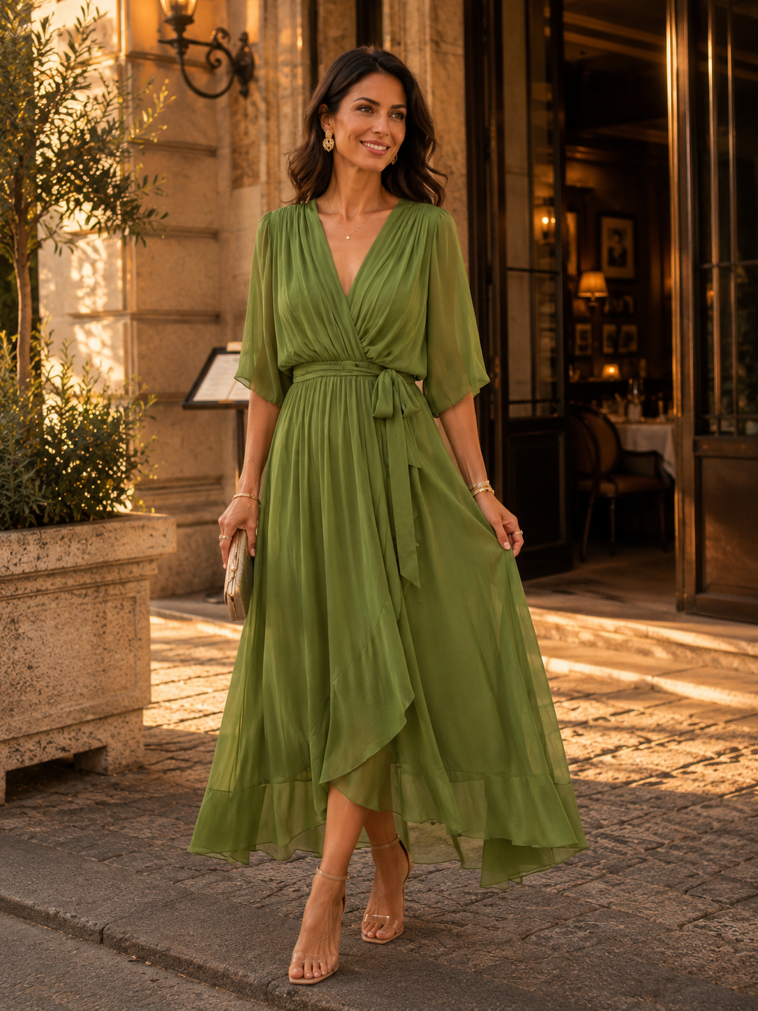 Elegante maxi-jurk met overslaghals en tailleband