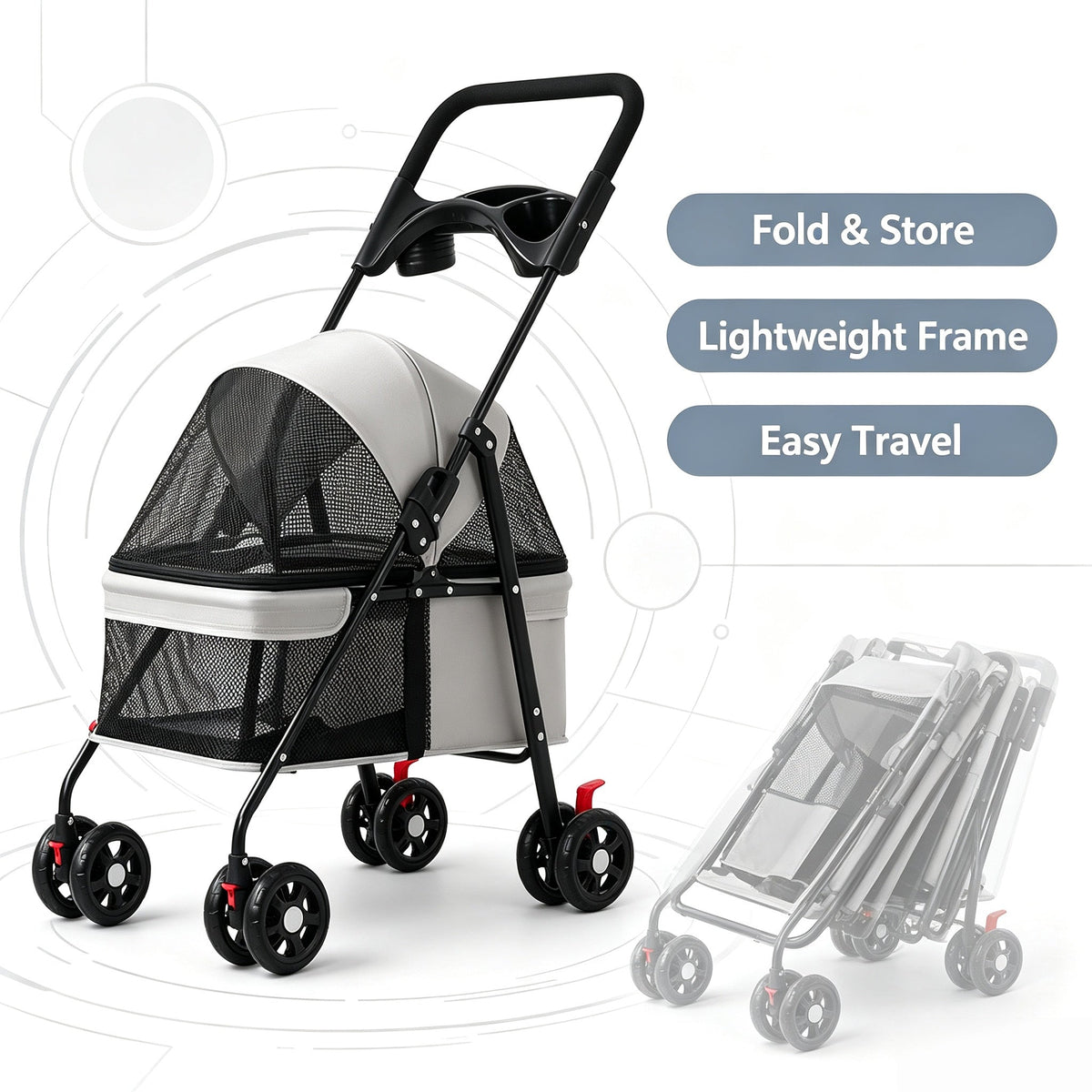 Opvouwbare Huisdierenbuggy met Rem en Draagvermogen tot 15 kg