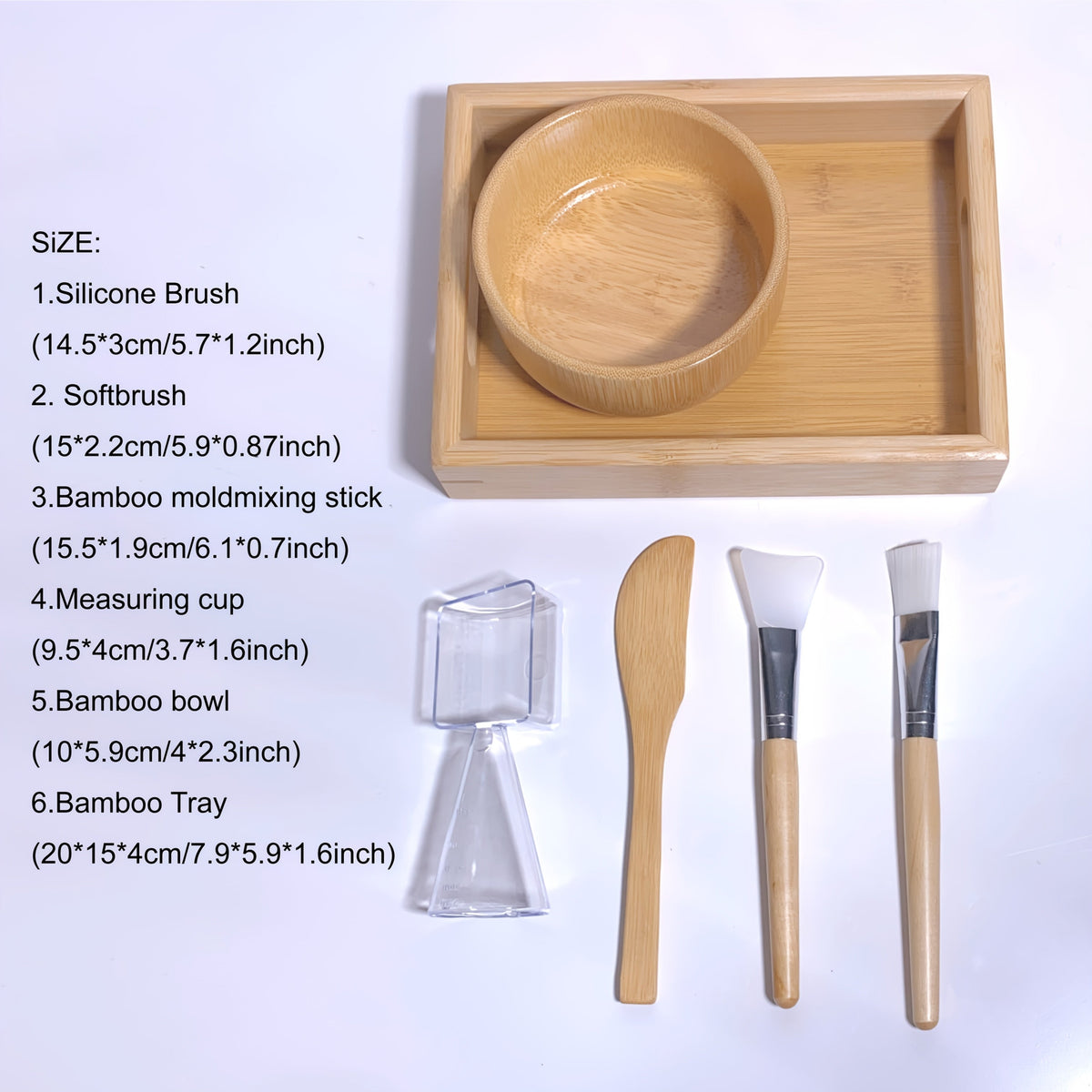 Bamboe gezichtsmaskerset met kom, kwast en plateau