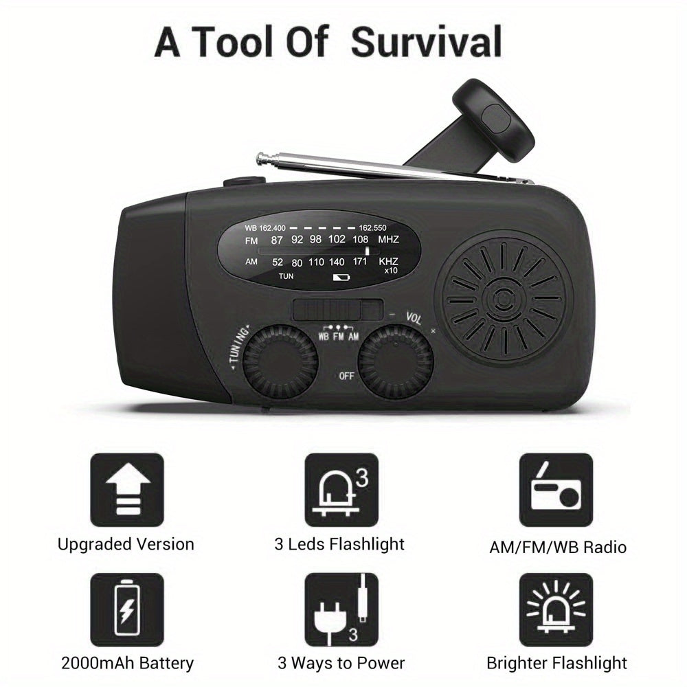 Noodradio met handslinger, zonnepaneel en 2000mAh-powerbank