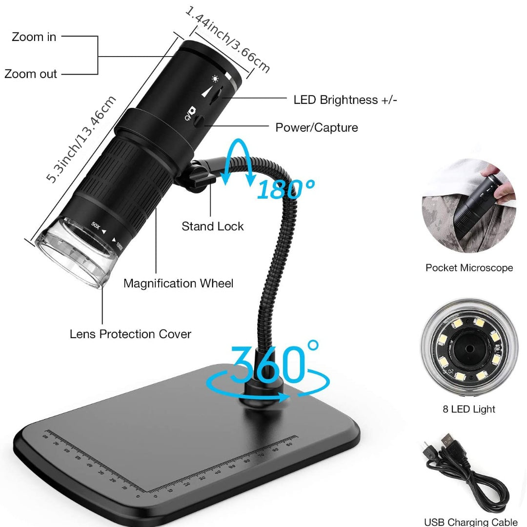 Draagbare digitale wifi-microscoop met flexibele standaard – 50×–1000×