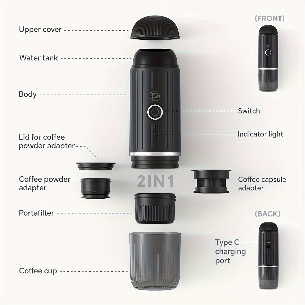 Draagbare elektrische espressomachine voor gemalen koffie en capsules