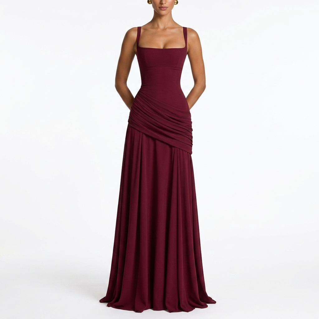 Elegante maxi-jurk met gerimpelde taille en split