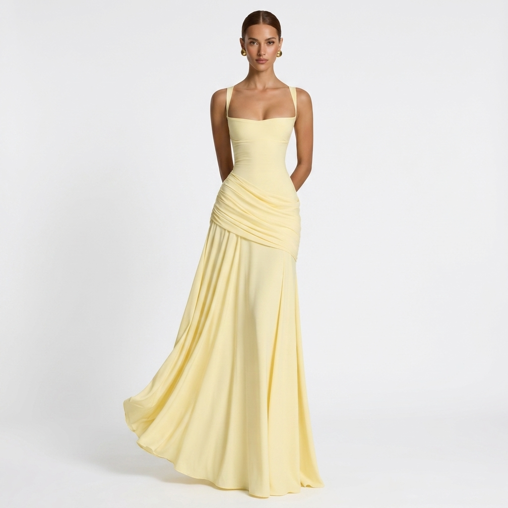 Elegante maxi-jurk met gerimpelde taille en split