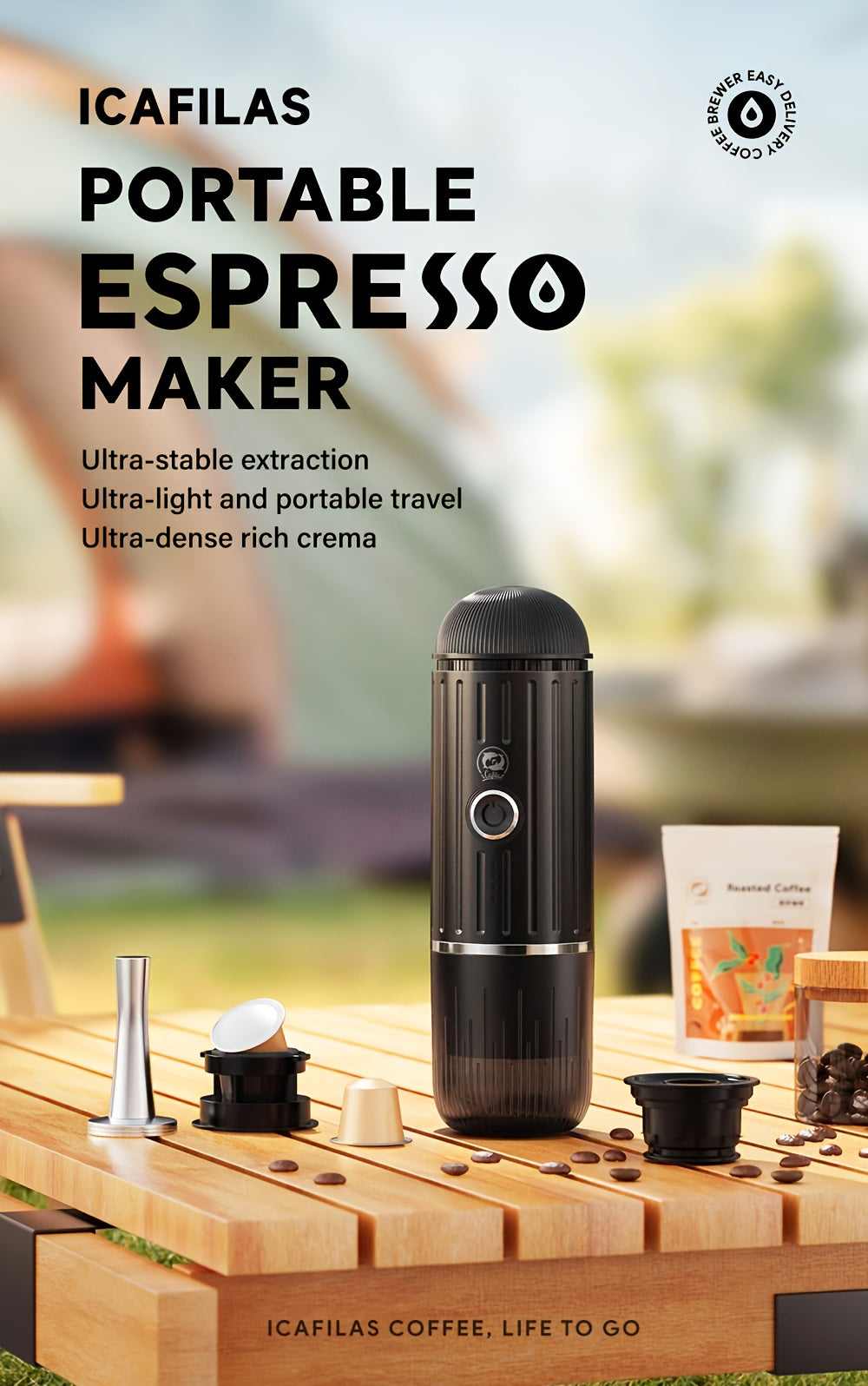 Draagbare elektrische espressomachine voor gemalen koffie en capsules