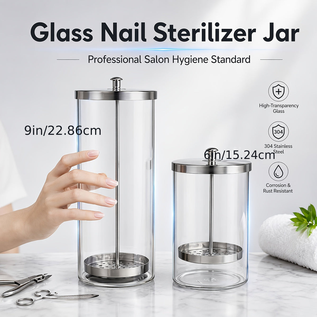 Desinfectiepot voor beautytools van glas en roestvrij staal