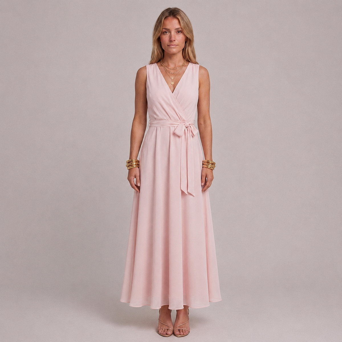 Elegante overslag maxi-jurk met tailleband