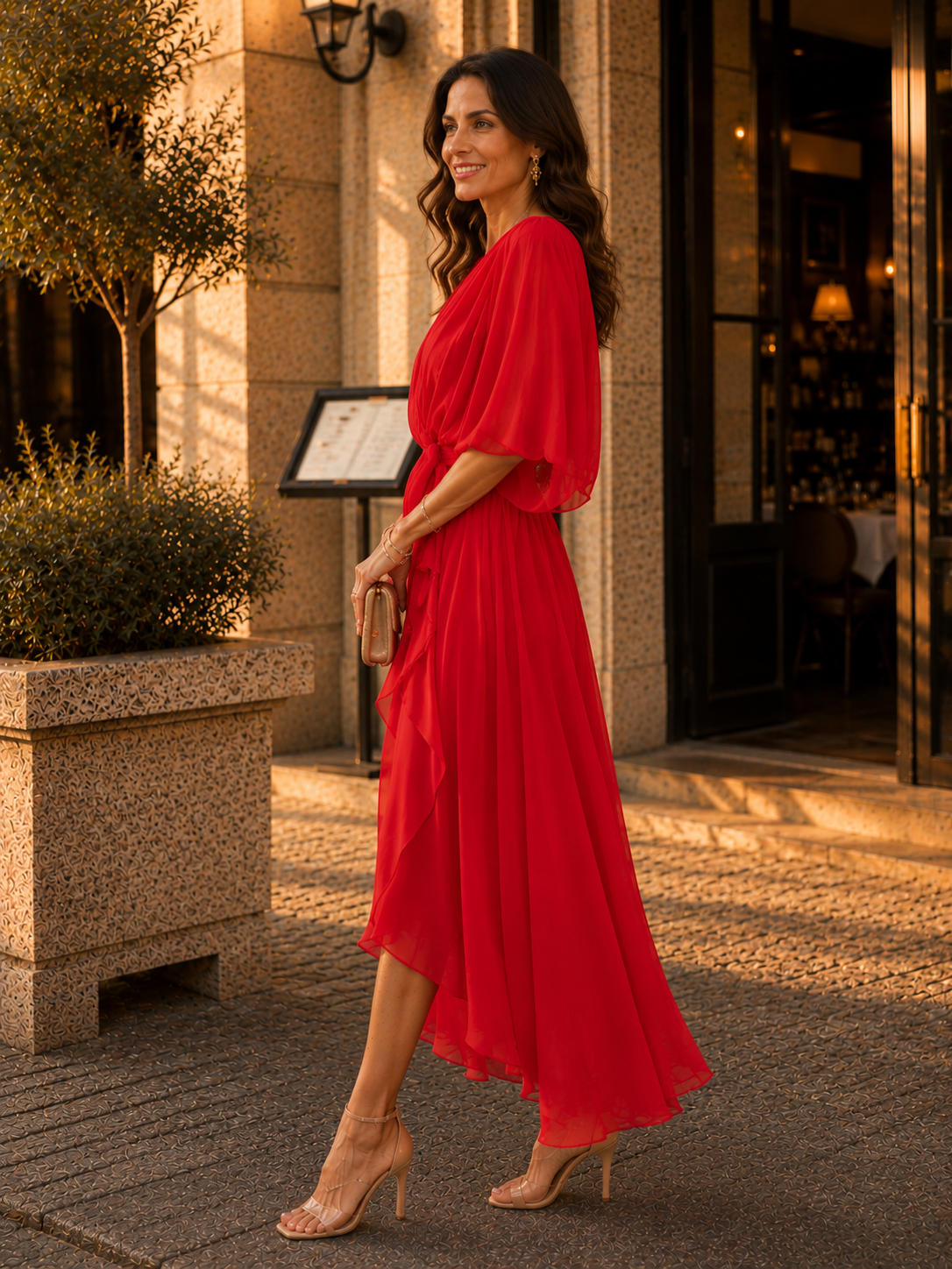 Elegante maxi-jurk met overslaghals en tailleband