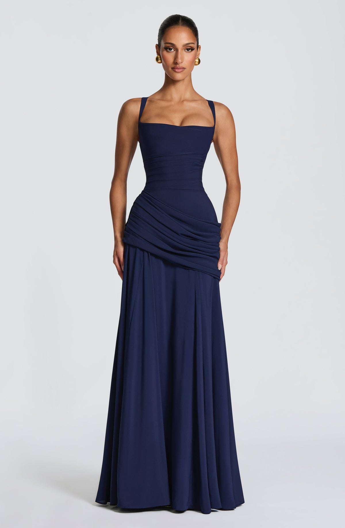 Elegante maxi-jurk met vierkante hals en drapering