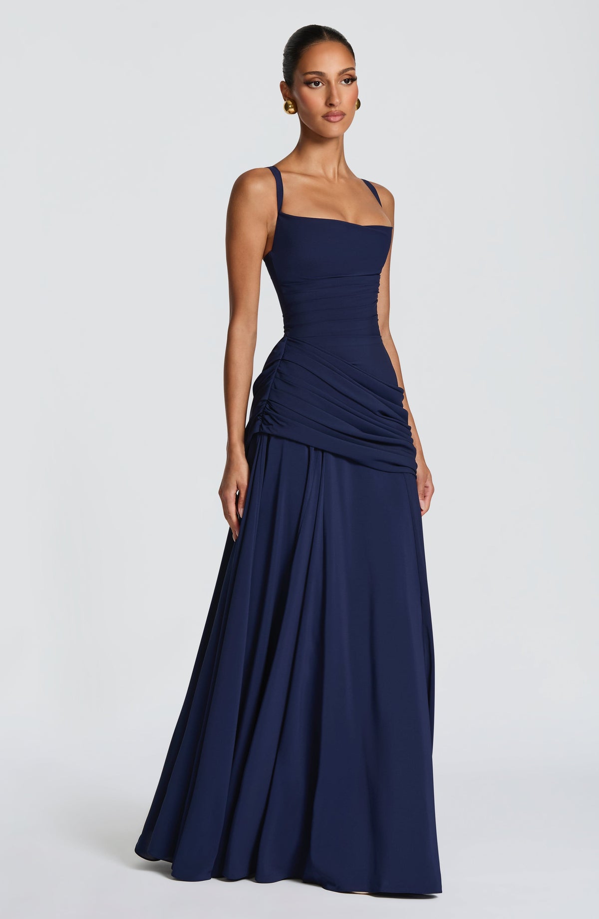 Elegante maxi-jurk met vierkante hals en drapering