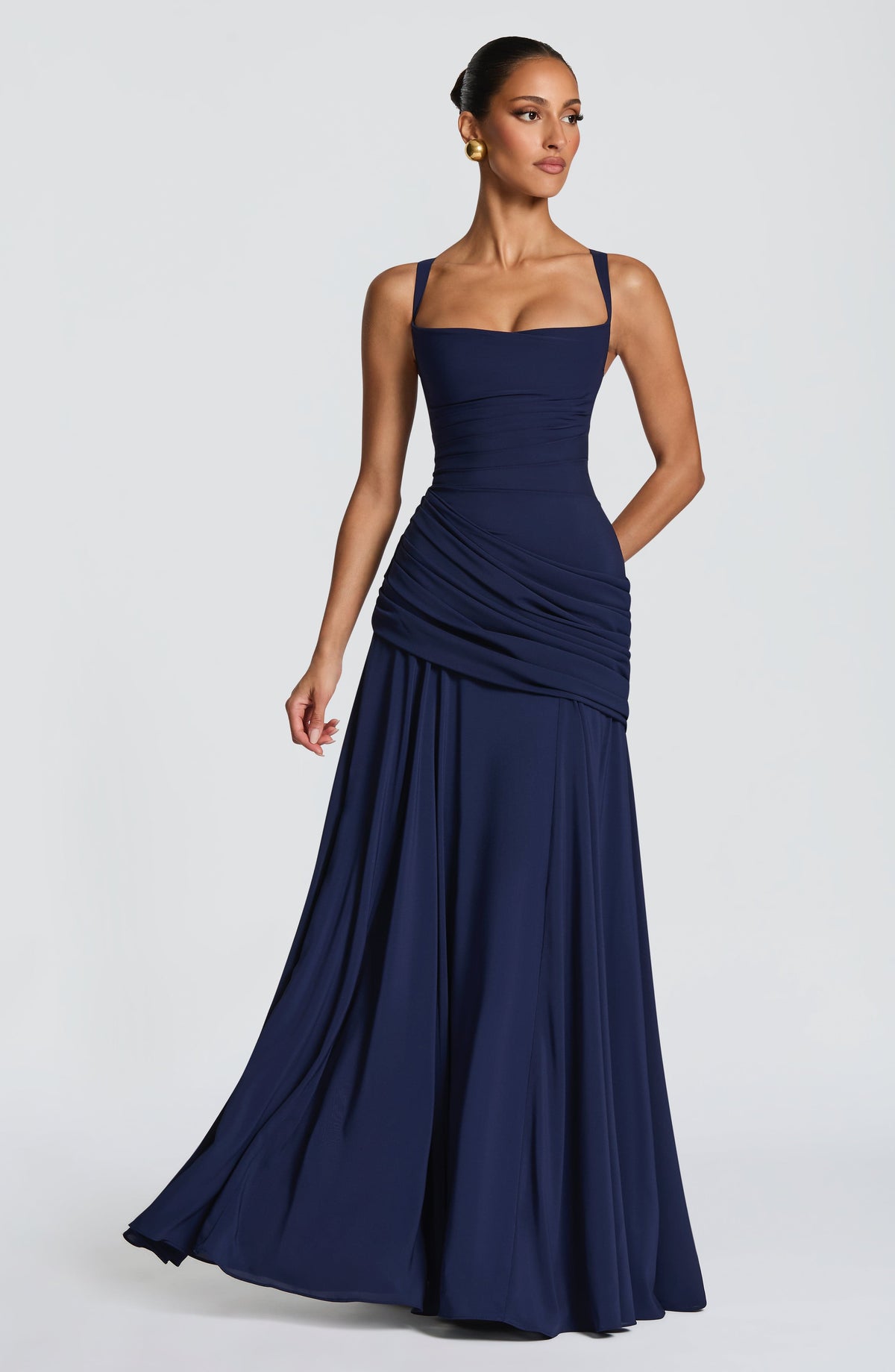 Elegante maxi-jurk met vierkante hals en drapering